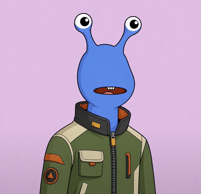 A blue alien-like creature with two stalk eyes and a small mouth wearing a green military-style jacket stands against a lavender background, fitting the quirky NFT art style associated with the Anomalies collection giveaway.