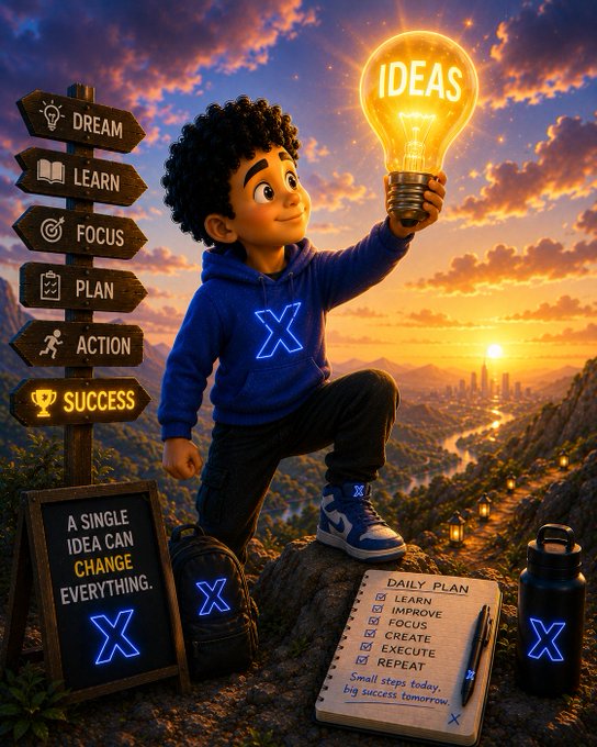 An animated young boy in a glowing "X" hoodie holds up a lightbulb labeled "IDEAS" on a mountaintop, surrounded by motivational signage reading "DREAM," "LEARN," "FOCUS," "PLAN," "ACTION," and "SUCCESS," along with a chalkboard declaring "A SINGLE IDEA CAN CHANGE EVERYTHING" and a "DAILY PLAN" checklist. The scene perfectly embodies the post's message that dreaming big, learning, planning, and taking action—as visualized through the boy's triumphant pose and glowing symbol of innovation—can transform a single idea into lasting success.