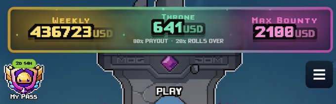 A game interface showing statistics: "WEEKLY 436723 USD", "THRONE 641 USD" (80% PAYOUT, 20% ROLLS OVER), and "MAX BOUNTY 2108 USD", with a "PLAY" button featuring a purple gem.