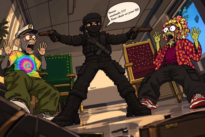 A pixel-art scene shows a masked SWAT-style figure holding two pistols aimed at a frantic monkey in a tie-dye shirt and sailor hat, and a green-skinned zombie-like figure in a floral jacket, both with hands raised as hostages. A speech bubble reads "Noooo mutants!!!! Your chair or your life," while the chaotic office background reinforces the post's pitch that The Mutual Fun sells "Seats" (not JPEGs), with one TMF pass minting two seats—symbolized by the two hostages and two chairs.