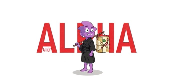 A cartoon illustration of a purple character in a black robe carrying a bamboo stick and a wrapped package, standing in front of the large red 'ALPHA' logo with 'AmOr' written below.