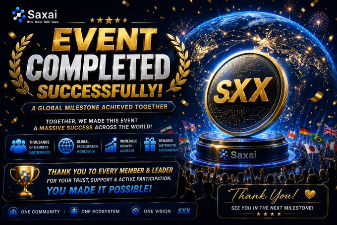 A celebratory "Event Completed Successfully!" graphic from Saxai/SXX highlights a global milestone, featuring the Saxai logo, an SXX gold coin, worldwide flags, and a thank-you message to community members for their participation in the "Global Participation Worldwide" campaign, as noted in the accompanying post about the SaxAi Community Builder Reward Campaign concluding.