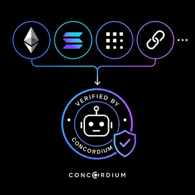 A dark graphic showing cryptocurrency and tech icons (Ethereum, Solana, a grid, and a link symbol) connecting to a central "VERIFIED BY CONCORDIUM" badge featuring a robot face and a shield with a checkmark.