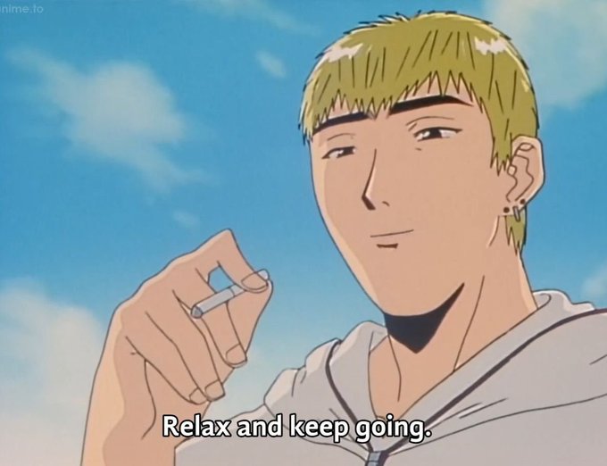 Anime screenshot of a blond man holding a cigarette, with the caption 'Relax and keep going.'