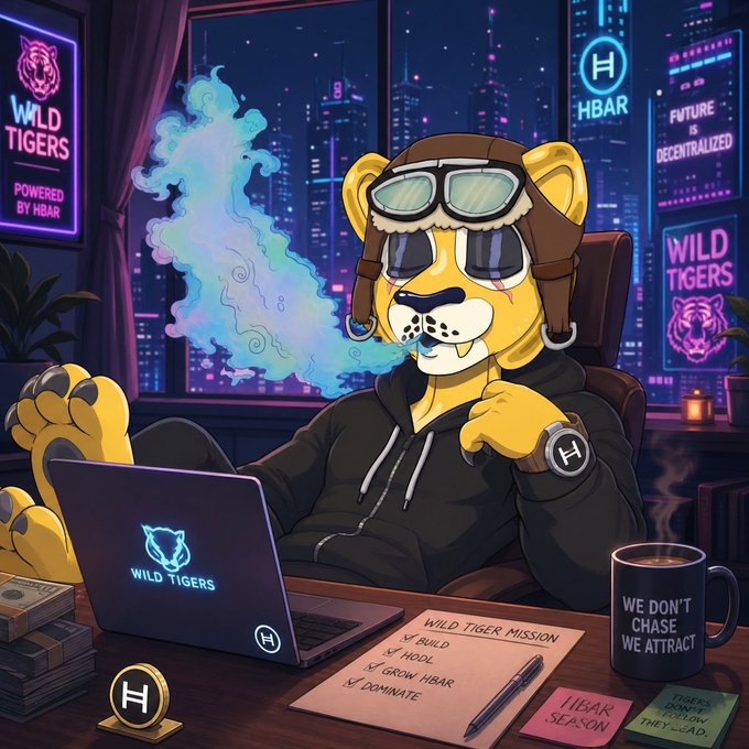 The image features a cartoon depiction of a man wearing a pilot's hat, sitting at a desk with a laptop computer open in front of him. He has a cup of coffee next to his computer, suggesting that he might be working late into the night or enjoying a long work session. The post on which this image is displayed reads "GM GM Who'S ready for $HBAR season @wildtigers_nft". This indicates that the man in the cartoon is associated with Wild Tigers, and they are currently participating in the $HBAR season.