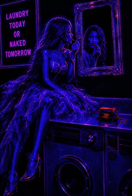 A neon-style digital illustration depicting a glamorous woman in a flowing dress sitting on a washing machine in a dark laundromat, applying lipstick in a mirror, with a sign reading 'LAUNDRY TODAY OR NAKED TOMORROW' on the wall.