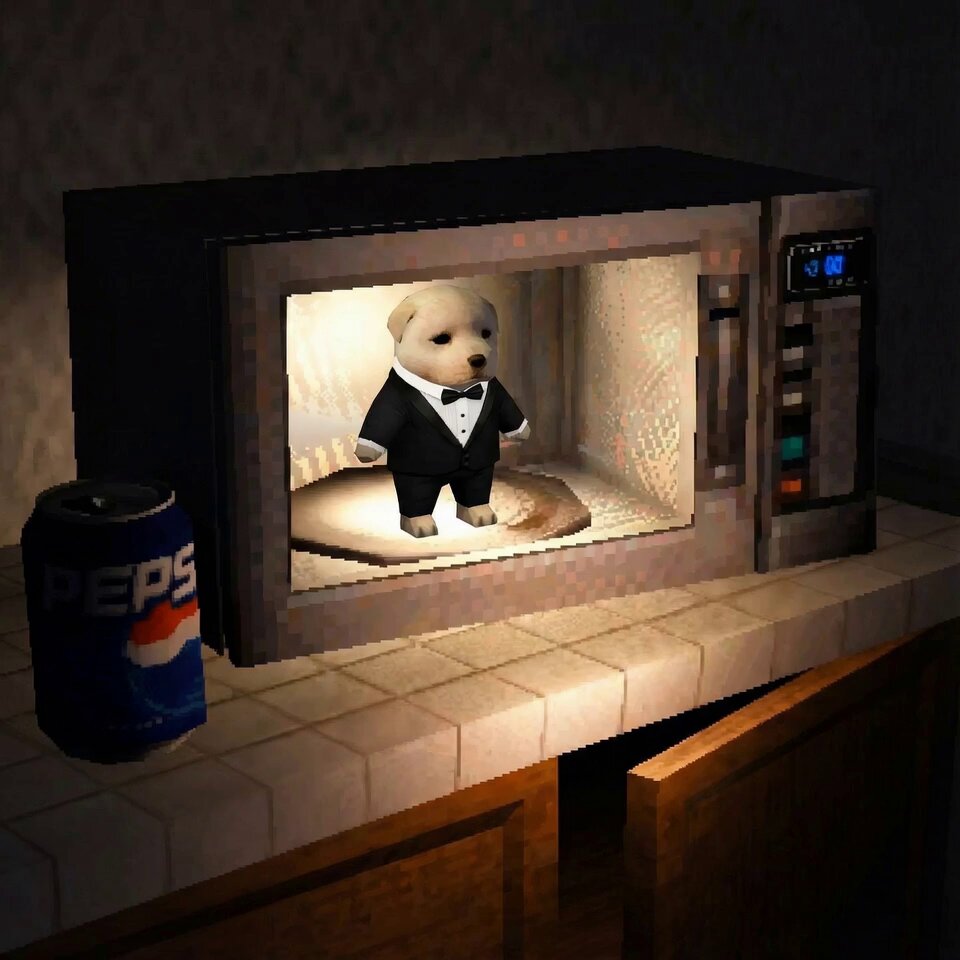 The image features a microwave with a small white dog wearing a tuxedo inside of it, giving the impression that the dog is dressed up for a formal event or party. The microwave is placed on top of a countertop next to a can of Pepsi. The caption below the image reads "The $https meme is goated lol".