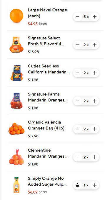 A mobile grocery shopping app displays a list of various orange products including Large Navel Orange at $4.95, Cuties Seedless California Mandarins at $11.98, Organic Valencia Oranges Bag (4 lb) at $17.98, and Simply Orange No Added Sugar Pulp at $6.89, with quantity selectors next to each item. The image humorously illustrates the joke in the caption about being sent 10 kilos of oranges as a "punishment" for selling $ORANGE coin, showing the many different orange products one could be inundated with.