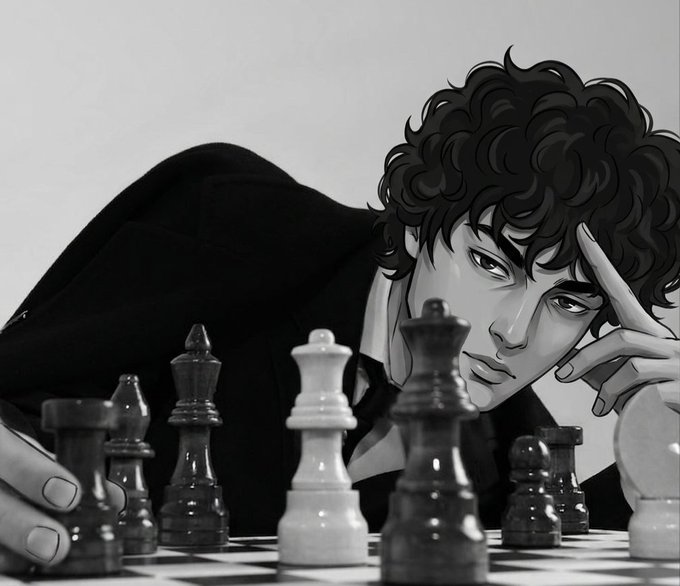 A black-and-white anime-style illustration of a young man with curly hair in a suit, deep in thought with his hand on his forehead, staring down at a chessboard with various pieces in play.