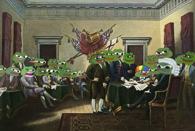 A historical painting depicting a formal gathering of men has been humorously edited so that all the figures have Pepe the Frog heads, including one judge figure wearing a powdered wig.