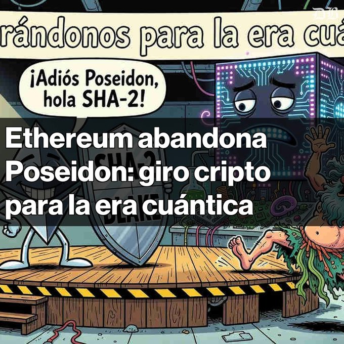 The image is a cartoon showing anthropomorphized characters—including a cube-shaped figure resembling Ethereum and another character labeled "Poseidon"—on a stage, with a speech bubble reading "¡Adiós Poseidon, hola SHA-2!", visually representing Ethereum's transition away from the Poseidon hash to SHA-2 cryptography amid quantum-era security concerns.