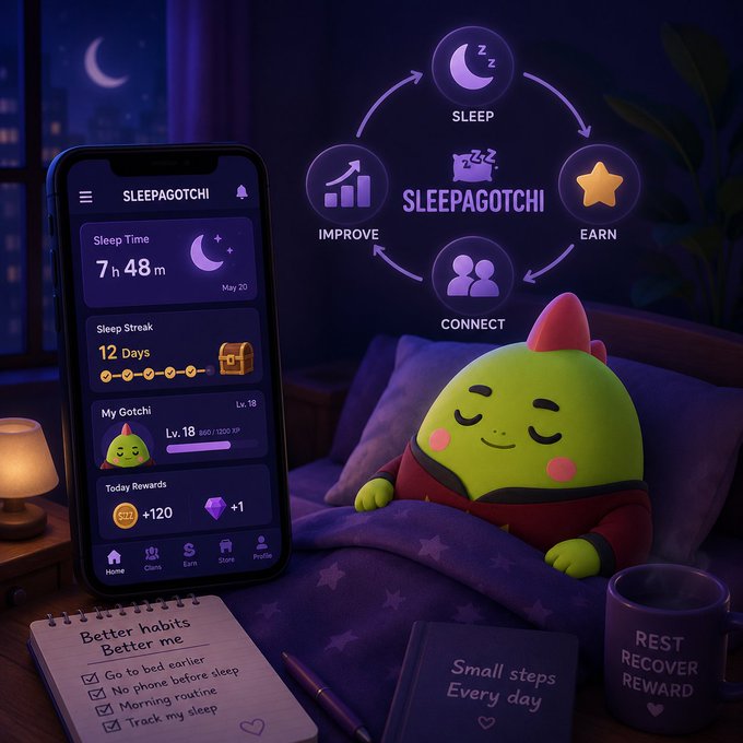 Sleepagotchi app advertisement showing a phone interface displaying 7h 48m sleep time and 12-day streak, alongside a cute green character mascot in pajamas, highlighting Sleep-Improve-Earn-Connect features.