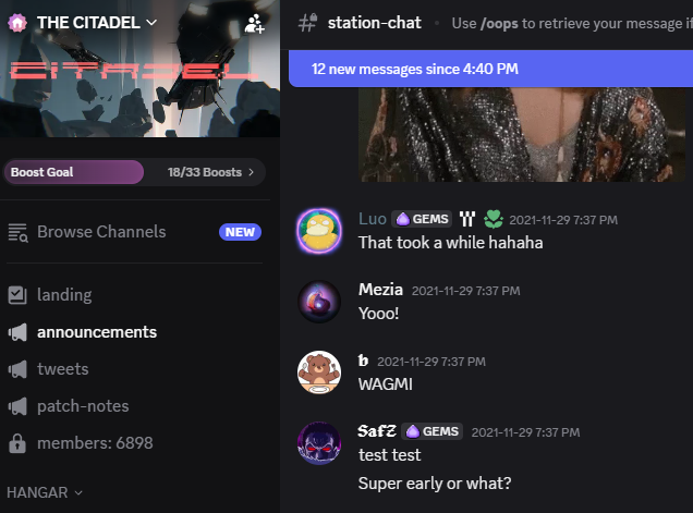 A Discord server called "THE CITADEL" displays the #station-chat channel with a user named Safz asking "Super early or what?" at 7:37 PM on 2021-11-29, alongside other members' messages like "WAGMI" and "Yooo!" The post highlights the lengthy wait, as the user posted this comment back in November 2021 but it appears to have remained unanswered until now.
