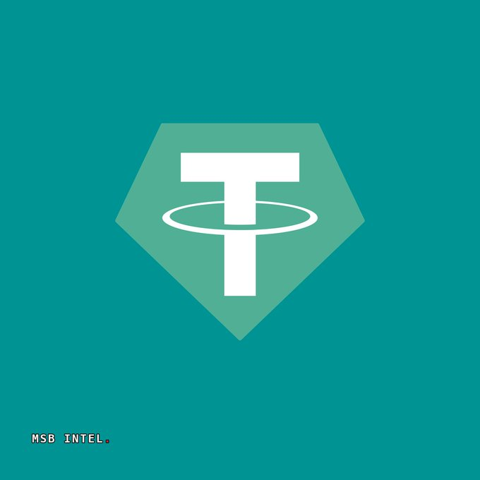 The image shows the Tether (USDT) logo—a white "T" with a horizontal ring around its center—set within a green hexagonal shield on a teal background, with "MSB INTEL." text in the bottom left corner. This represents Tether's expansion of its USDT0 stablecoin to the Stellar network, as highlighted in the accompanying breaking news.
