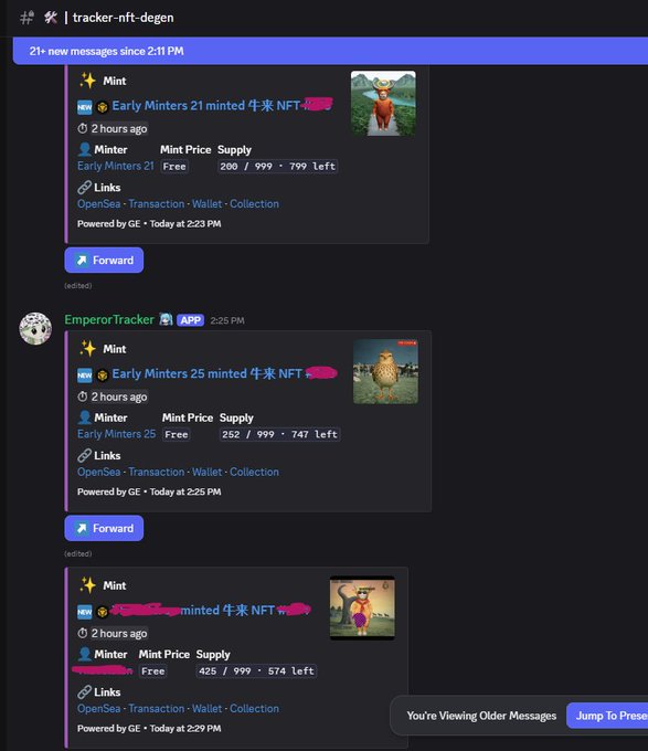 A Discord screenshot from the #tracker-nft-degen channel shows automated NFT mint alerts from Emperor Tracker, including free mints for "Early Minters 21," "Early Minters 25," and another collection, with supply numbers like 200/999 (799 left), 252/999 (747 left), and 425/999 (574 left). This relates to the post by the GE tool's creator, who is promoting their multichain alpha-tracking bots while teasing new NFT utility tools being developed in collaboration with @emperorjournal_.