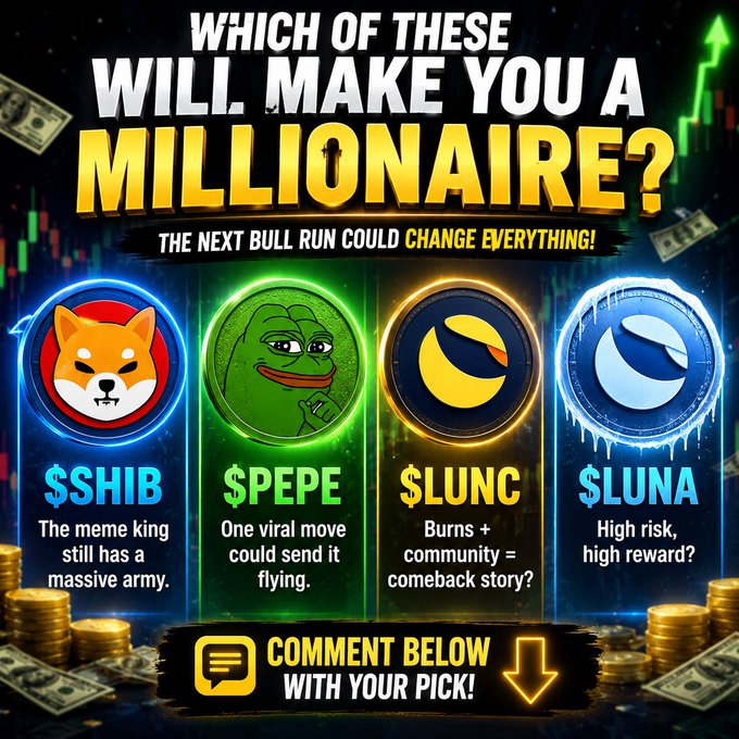 The image features a poster with four cartoon faces representing different cryptocurrency tokens or meme characters. The text on the poster asks which of these will make the most millionaires in the next bull run. The options are $SHIB, $PEPE, $LUNC, and $LUNA. Each token is associated with a description that suggests how much money they could potentially make if their value increased significantly.