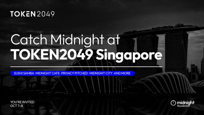 A promotional graphic for 'TOKEN2049' in Singapore, featuring the event dates 'OCT 7-8' and listing venues like 'SUSHI SAMBA', 'MIDNIGHT CAFE', and 'MIDNIGHT CITY' against a Singapore skyline backdrop.