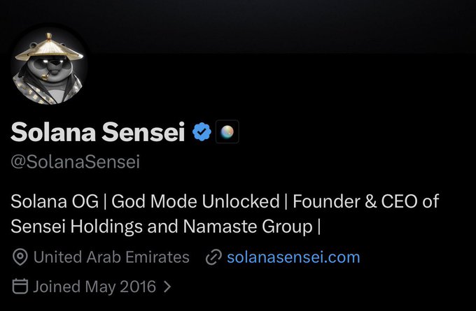 A Twitter/X profile for "Solana Sensei" (@SolanaSensei), displaying a verified badge and the text "Solana OG | God Mode Unlocked | Founder & CEO of Sensei Holdings and Namaste Group |" along with the location "United Arab Emirates" and website solanasensei.com. The post references a newly acquired badge, which aligns with the verification checkmark visible next to the profile name.