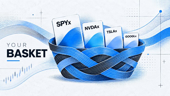A promotional graphic for a stock trading app titled "YOUR BASKET" features four trading cards labeled "SPYx", "NVDAx", "TSLAx", and "GOOGLx" resting inside a woven basket of blue and black ribbons.