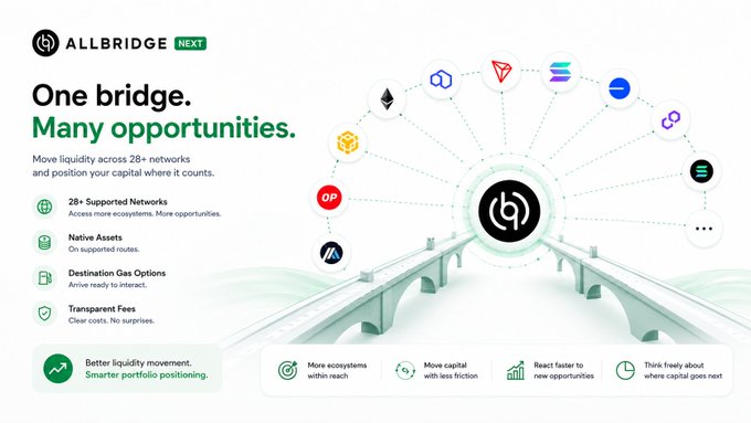 A promotional graphic for 'ALLBRIDGE NEXT' displaying the tagline 'One bridge. Many opportunities.' with features like '28+ Supported Networks', 'Native Assets', 'Destination Gas Options', and 'Transparent Fees' alongside a bridge illustration connecting various cryptocurrency logos.