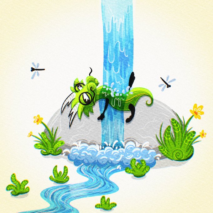 A whimsical watercolor-style illustration of a green, fluffy mythical creature standing beneath a cascading waterfall surrounded by dragonflies, flowers, and greenery.