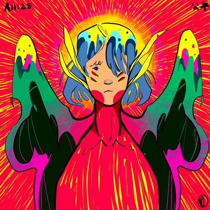 Vibrant digital illustration of a stylized figure with blue hair and yellow horn-like protrusions, set against a radiant red and yellow background, with 'All:28' in the top-left and what appears to be an artist signature in the top-right.