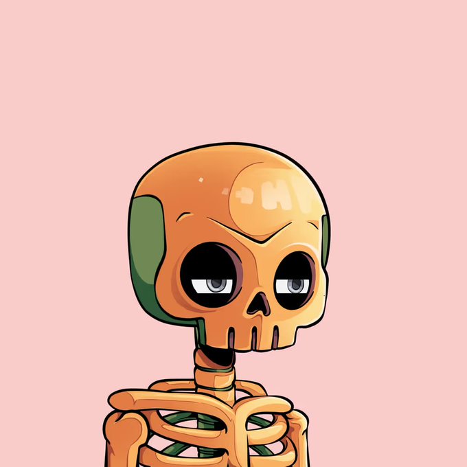 A cartoon illustration of a small orange skeleton with green patches, looking tired or bored against a plain pink background.