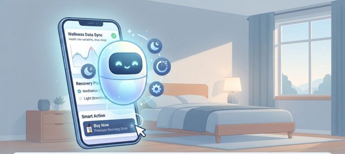 A 3D-rendered illustration of a bedroom with a large smartphone displaying a 'Wellness Data Sync' app, featuring a cute floating robot mascot and a 'Smart Action' prompt for 'Buy Now: Premium Recovery Drink.'