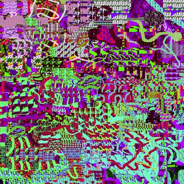 An abstract, highly textured digital artwork features a chaotic, glitch-like mix of purple, green, pink, and red patterns.