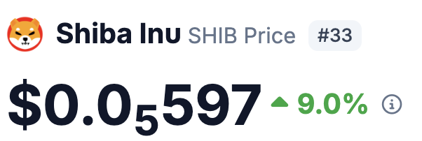 The image shows the current Shiba Inu (SHIB) price at $0.0000597, ranked #33, with a 9.0% increase. The poster laments missing the massive ~1,000,000% gain to SHIB's all-time high, suggesting they are reflecting on an earlier time when SHIB was worth far less than this current price of approximately $0.0000597.
