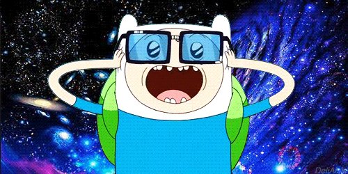 The image features a cartoon character, likely from the animated series "Adventure Time", wearing glasses and holding his hands up to his ears with an excited expression. The background of the image depicts a starry night sky filled with planets and stars, creating a whimsical atmosphere that complements the playful nature of the cartoon character.