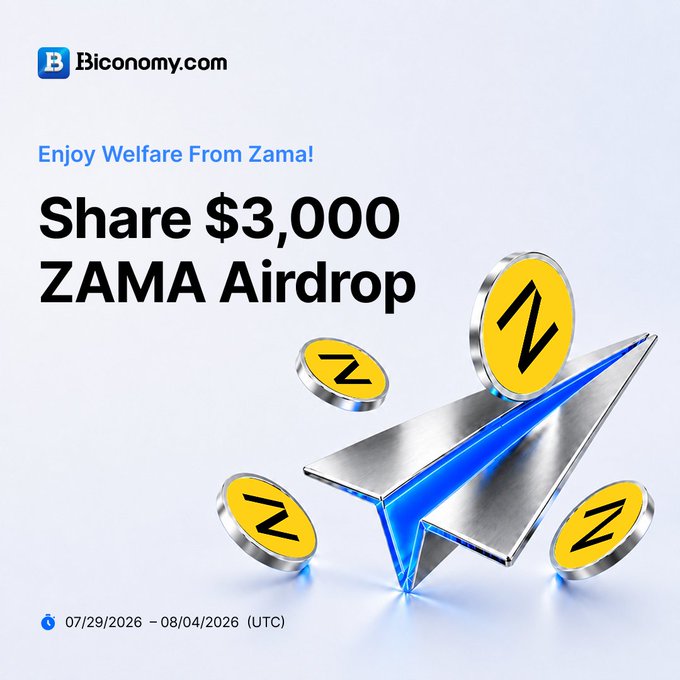 A Biconomy.com promotional graphic featuring yellow ZAMA coin tokens around a metallic blue arrow, with text announcing a "$3,000 ZAMA Airdrop" running from 07/29/2026 to 08/04/2026 (UTC) and the tagline "Enjoy Welfare From Zama!" — visually highlighting the $3,000 reward pool and event timeframe mentioned in the accompanying airdrop announcement.