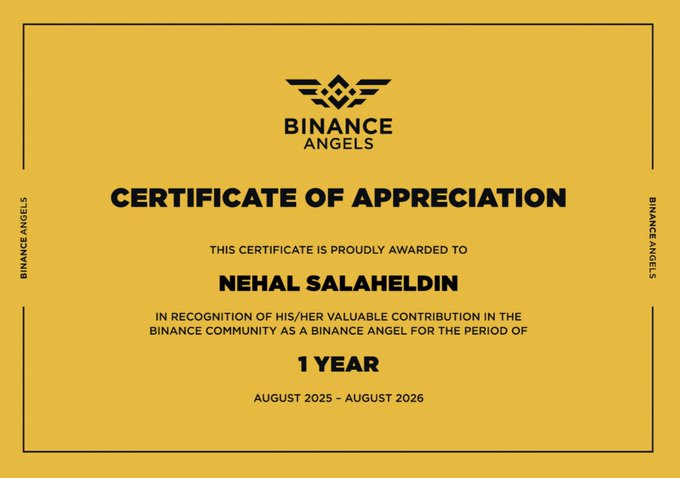 A yellow Binance Angels "Certificate of Appreciation" awarded to Nehal Salaheldin for one year of service in the Binance community from August 2025 to August 2026. The certificate visually commemorates the milestone the user reflects on in their post about completing their first year as a Binance Angel.
