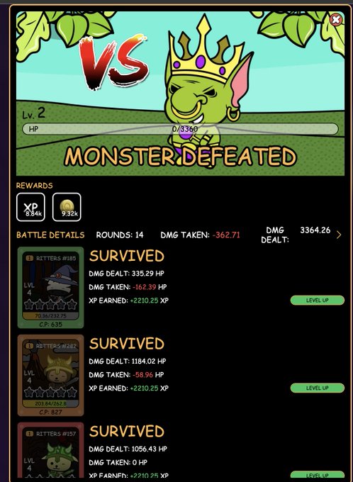 A "Monster Defeated" victory screen shows a Level 2 goblin king opponent with 0/3360 HP, rewarding 8.84k XP and 9.32k gold after 14 rounds where three Critters (#185, #282, #197) dealt 3,364.26 total damage. The post highlights how monster-hunting mechanics create deflationary tokenomics through item consumption and supply burns, treating demand as a flow rather than accumulated stock.