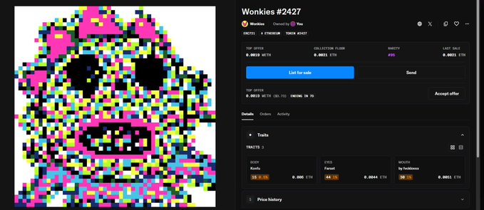 An NFT marketplace listing for 'Wonkies #2427', showing a colorful pixelated skull artwork on the left and trading details on the right, including a Top Offer of 0.0010 WETH and 24h Volume of 64.1%.