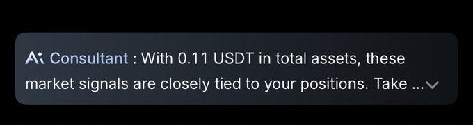 A notification from "Ai Consultant" displays text beginning "With 0.11 USDT in total assets, these market signals are closely tied to your positions. Take ..." The image relates to "there's still hope" by suggesting that even with a small balance of 0.11 USDT, the AI advisor still offers market signal recommendations tied to the user's positions.