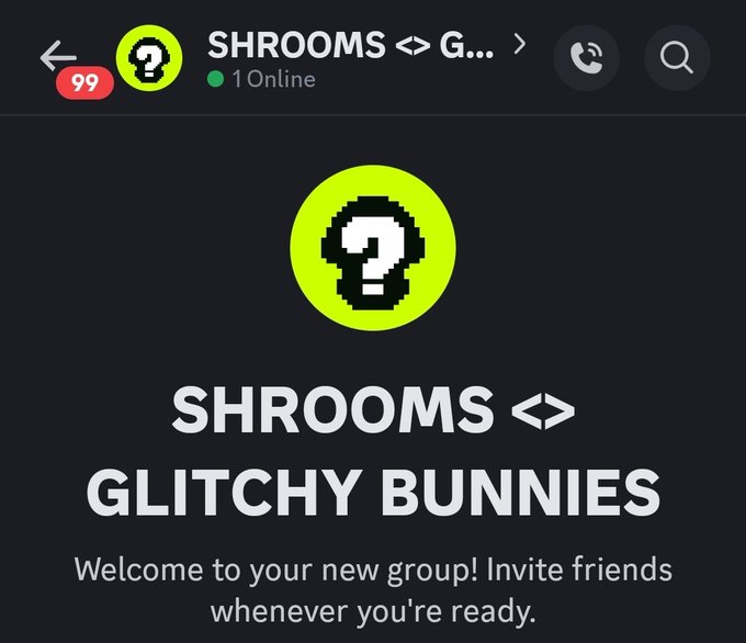 The image shows a messaging app group chat titled "SHROOMS <> GLITCHY BUNNIES" with 99 unread messages and 1 person online, displaying a welcome message inviting friends to join. This relates to the post about Audrey sorting out the "Glitchy Bunnies" NFT collection, which is being shared as a free mint on Robinhood's Web3 wallet.