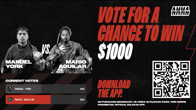 A promotional banner reads 'VOTE FOR A CHANCE TO WIN $1000' featuring 'MANUEL YORK VS. MARIO AGUILAR' with current votes at 44% and 56% respectively, alongside a QR code and 'DOWNLOAD THE APP' text.