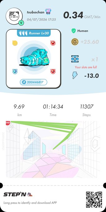 A STEP'N app screen showing a Runner Lv30 sneaker NFT with earnings of +25.60 GMT and -13.0 energy, recording 9.69 km in 01:14:34 with 11307 steps.