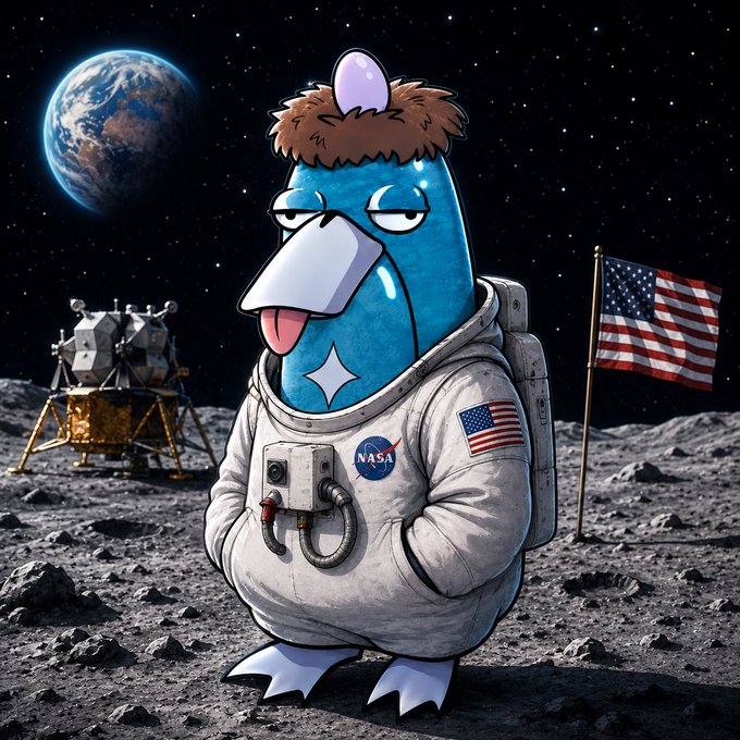 A cartoonish blue creature wearing a NASA spacesuit stands on the moon's surface with an American flag and lunar lander nearby, while Earth glows in the starry background.