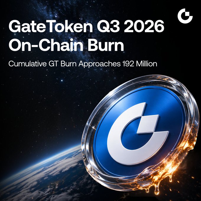 Image 10: A promotional graphic for 'GateToken Q3 2026 On-Chain Burn' with text 'Cumulative GT Burn Approaches 192 Million', showing a 3D rendered Gate.io (GT) coin against a space and Earth backdrop.