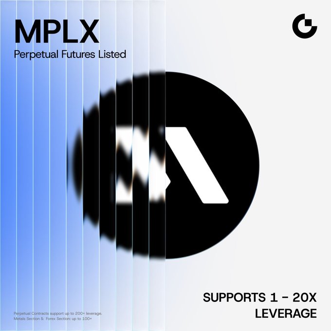 Promotional graphic for Gate.io’s newly listed perpetual futures ticker **MPLX**, labeled “Perpetual Futures Listed.” It highlights **1–20x leverage**, bot and copy-trading support, and includes the Gate logo and contract details for **#MPLXUSDT**.