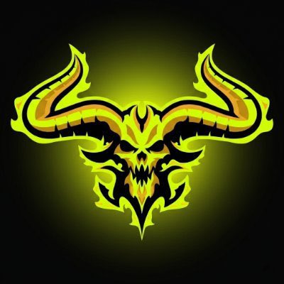 A stylized neon green and black skull logo with curved, horn-like extensions set against a dark background with a yellow-green glow.