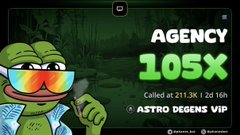 A digital advertisement displays 'AGENCY 105X', 'Called at 211.3K / 2d 16h', and 'ASTRO DEGENS VIP' alongside a Pepe the Frog character wearing sunglasses.