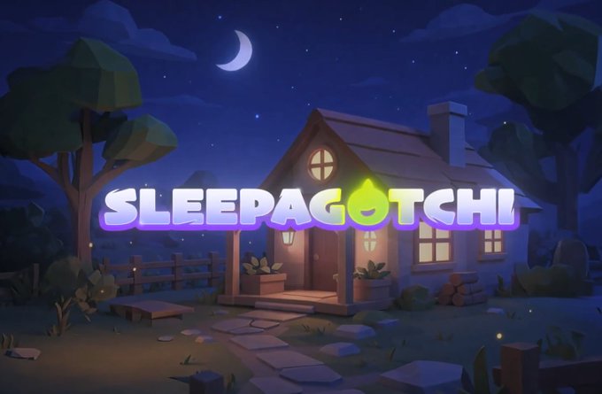 A stylized 3D game scene shows a cozy cabin at night under a starry sky and crescent moon, with the title 'SLEEPAGOTCHI' displayed prominently in bubbly purple and white letters.