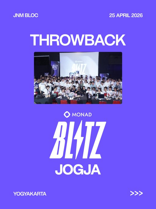 A purple throwback poster dated 25 April 2026 from JNM BLOC commemorating the Monad Blitz event in Yogyakarta, featuring a group photo of attendees.