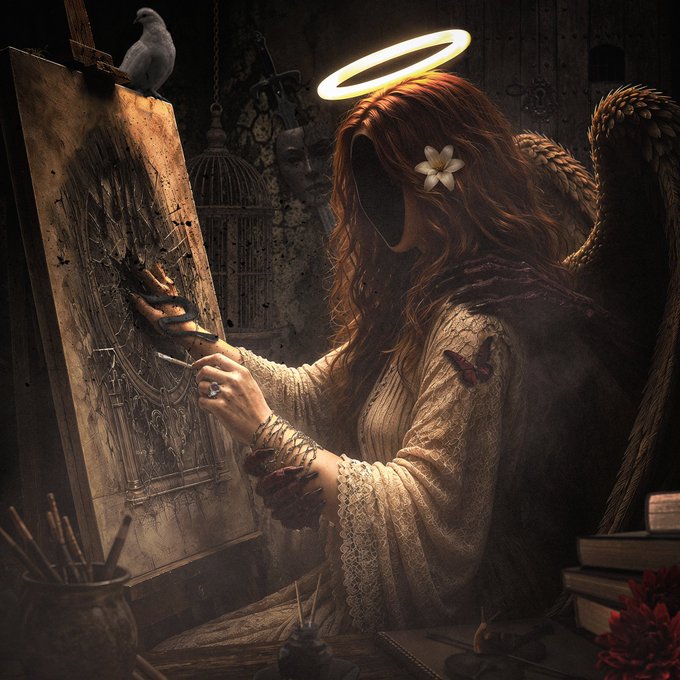 A dark, gothic digital artwork of a hooded female angel with a glowing halo painting on a canvas while a white dove watches from above.