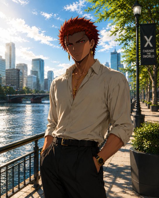 An anime-style digital illustration of a red-haired young man wearing a white button-up shirt, cross necklace, and gold watch, standing along a riverside walkway with a city skyline in the background and a 'X CHANGE THE WORLD' banner nearby.