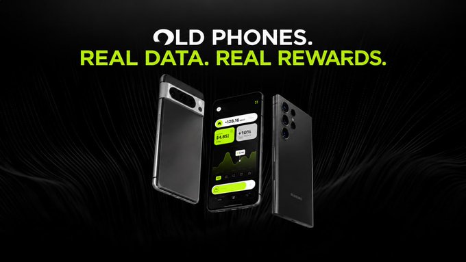 A dark promotional banner reads 'OLD PHONES. REAL DATA. REAL REWARDS.' displaying three views of a black smartphone, including its screen showing app stats and a treasure chest filled with gold.