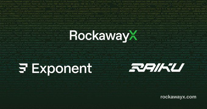 The image features a logo for Rockaway XRP, Exponent X, and Raiku EOS. The logos are displayed against a dark green background with white text. The Rockaway XRX logo is positioned at the top of the image, while the Exponent X logo is located below it. The Raiku EOS logo is situated directly beneath the Exponent X logo.